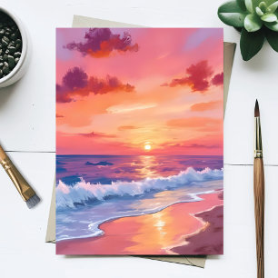 Cartão Postal Pintura da paisagem marinha de ondas na praia ao p