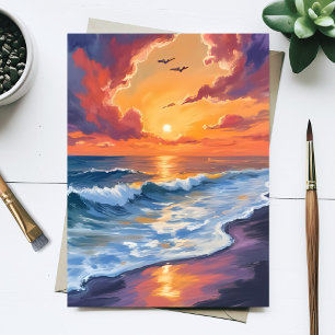 Cartão Postal Pintura da Paisagem Marítima do Pôr do Sol no Ocea