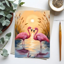 Cartão Postal Pintura de Animais Pôr do Sol de Flamingos Rosas