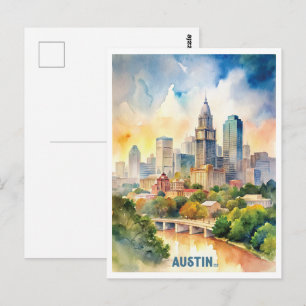 Cartão Postal Pintura de Aquarela da Cidade de Austin