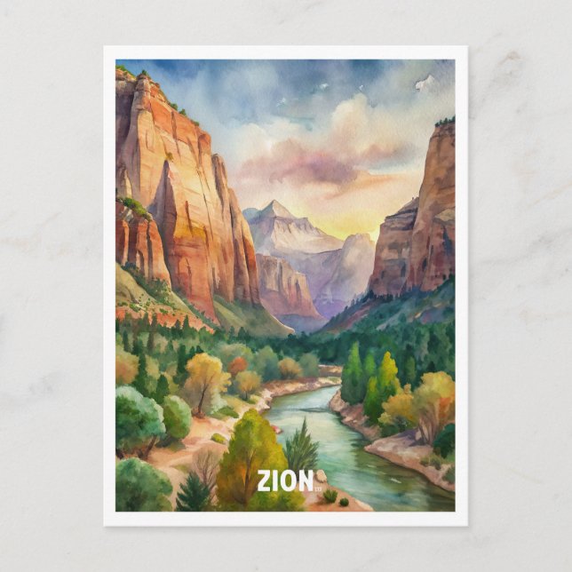 Cartão Postal Pintura de Aquarela do Zion National Park (Frente)