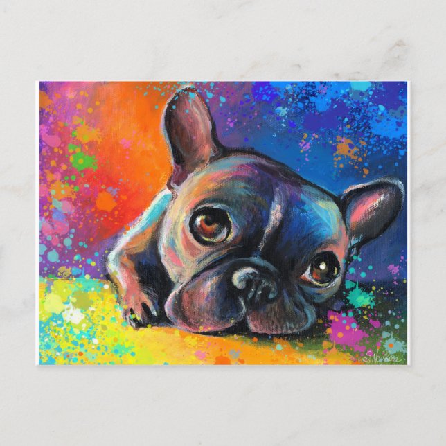 Cartão Postal Pintura de Bulldog Francês e Bonita Svetlana Novik (Frente)