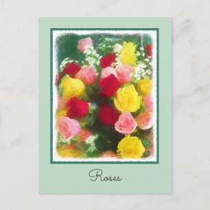 Cartão Postal Pintura de Buquê de Rosas - Arte Floral Original F