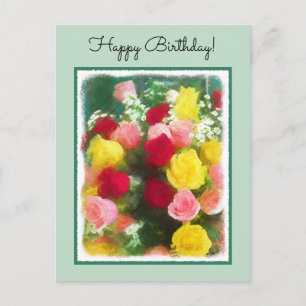 Cartão Postal Pintura de Buquê de Rosas - Arte Floral Original F