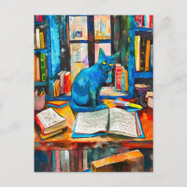 Cartão Postal pintura de Cat entre Livros Abertos