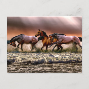 Cartão Postal Pintura de Cavalos Correndo em Ondas do Oceano