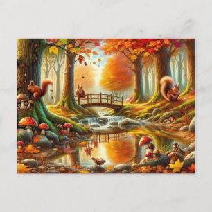 Cartão Postal Pintura de Cena Serena do Outono na Floresta