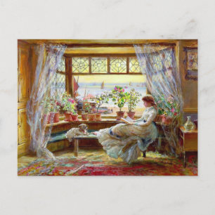 Cartão Postal Pintura de Charles James Lewis de uma Mulher Lendo