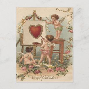 Cartão Postal Pintura de Coração do Cupido Rosas Rosa