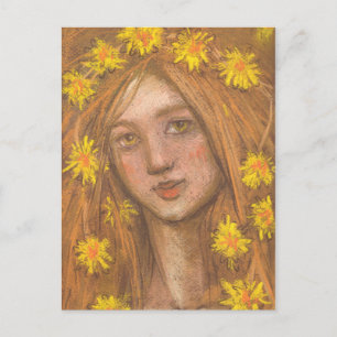 Cartão Postal Pintura de Dandelions Bloom, Loura Rapariga e Flor