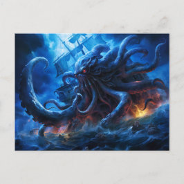 Cartão Postal Pintura de Fantasia Kraken Atacando Navio no Mar