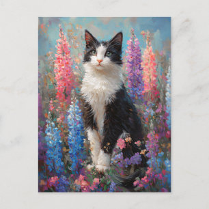 Cartão Postal Pintura De Flores De Lupina Coloridas De Gato Tuxe