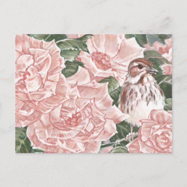 Cartão Postal Pintura de Flores e Rosas Rosa (Frente)