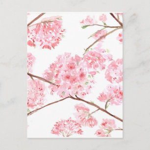 Cartão Postal Pintura de flores rosa de cerejeira