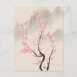 Cartão Postal Pintura de Flores Verde Rosa em Estilo Chinês Anti