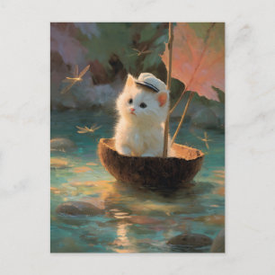 Cartão Postal Pintura de Gatinho Branco Fofinho Navegando em Coc