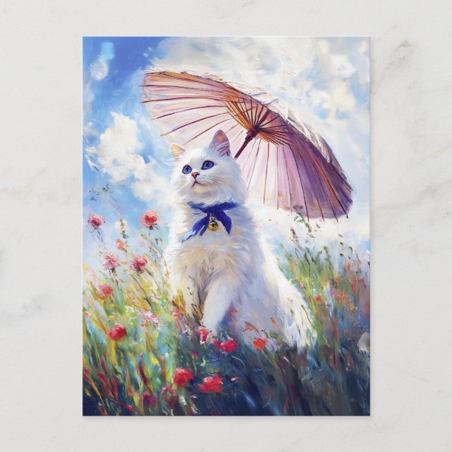 Cartão Postal Pintura de Gato Branco com Parasol em Campo de Pip (Frente)