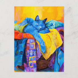 Cartão Postal Pintura de Gato Dormindo na Pilha de Lavanderia