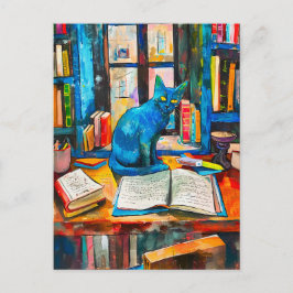 Cartão Postal pintura de Gato Entre Livros Abertos