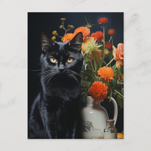 Cartão Postal Pintura de Gato Negro Flor Estática Pintura (Frente)