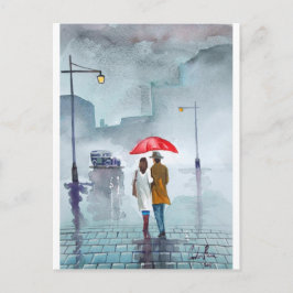 Cartão Postal Pintura de guarda-chuva vermelha do casal romântic