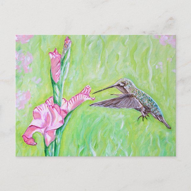 Cartão Postal Pintura de Hummingbird e Gladioli (Frente)