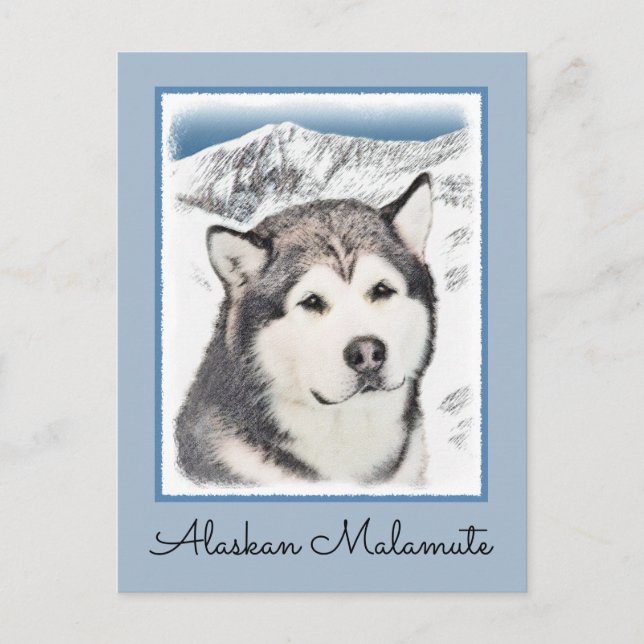 Cartão Postal Pintura de Malamute no Alasca - Arte de Cachorro O (Frente)