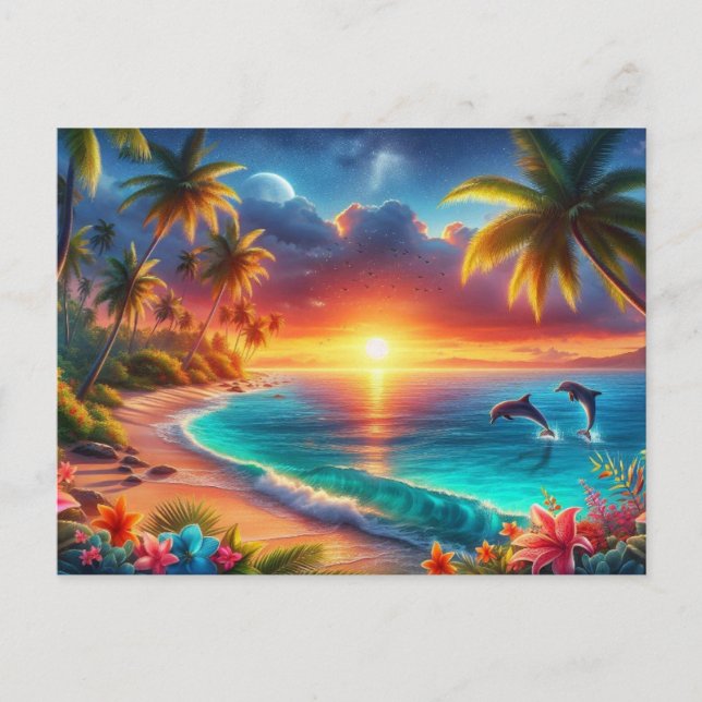 Cartão Postal Pintura de Paraíso Tropical Sunset (Frente)