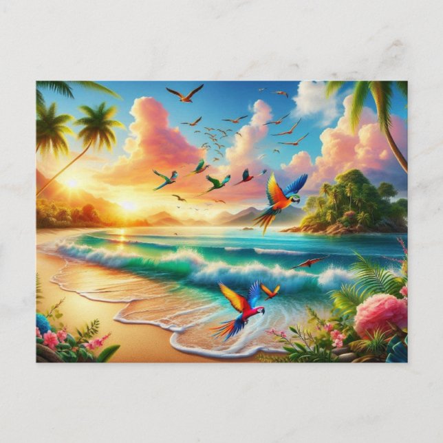 Cartão Postal Pintura de Paraíso Tropical Vibrante (Frente)