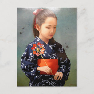 Cartão Postal Pintura de retrato de menina kimono, doce japonesa