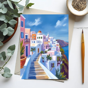 Cartão Postal Pintura de Santorini Grécia Aquarela Viagem
