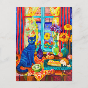 Cartão Postal Pintura de um Gato na Mesa da Cozinha por Janela