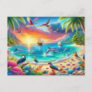 Cartão Postal Pintura de um Vibrante Paraíso Tropical