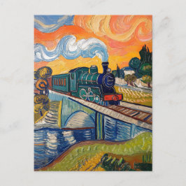 Cartão Postal Pintura de uma locomotiva a vapor antiga cruzando 