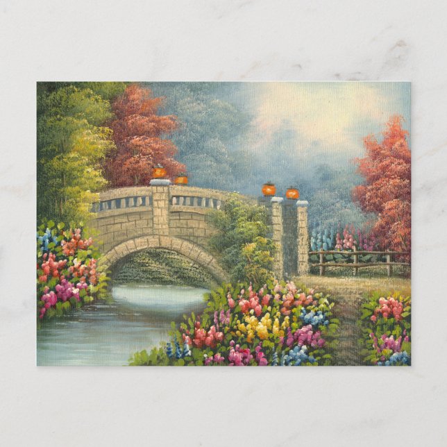 Cartão Postal Pintura De Uma Ponte Caminhante Cercada Por Flores (Frente)