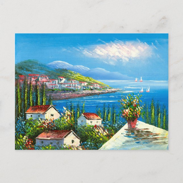 Cartão Postal Pintura De Uma Vila Costeira Mediterrânica (Frente)