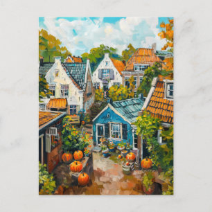 Cartão Postal Pintura de Vila de Outono com Abóboras e Chalés