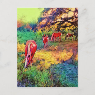 Cartão Postal Pintura digital de cavalos em uma pastagem