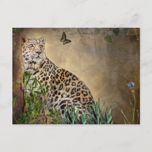 Cartão Postal Pintura digital de Leopardo e borboletas selvagens (Frente)