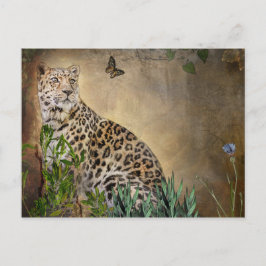Cartão Postal Pintura digital de Leopardo e borboletas selvagens