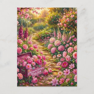 Cartão Postal Pintura do Caminho do Jardim de Flores Rosa Sonhad