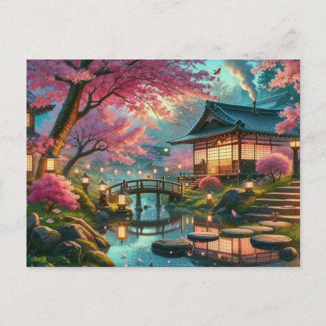 Cartão Postal Pintura do Jardim Japonês Tranquilo na Primavera (Frente)