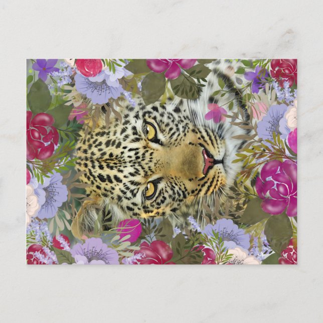 Cartão Postal Pintura do Leopardo Safari Selva Floral (Frente)
