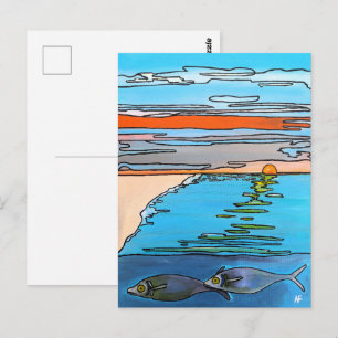 Cartão Postal Pintura do Nascer do Sol no Oceano em 8-Bit por Al