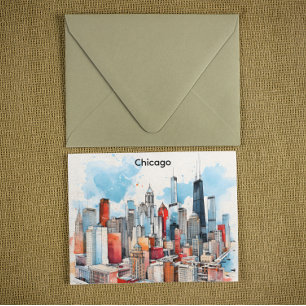 Cartão Postal Pintura em Aquarela da Cidade de Chicago