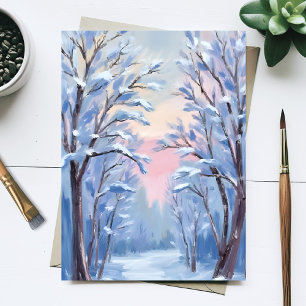 Cartão Postal Pintura em Aquarela da Floresta de Neve de Inverno