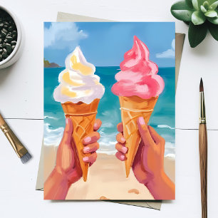 Cartão Postal Pintura em Aquarela da Praia de Sorvete Oceano