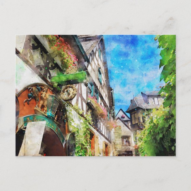 Cartão Postal Pintura em aquarela de Drosselgasse Ruedesheim (Frente)