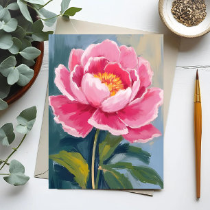Cartão Postal Pintura em Aquarela de Flor de Peônia Rosa