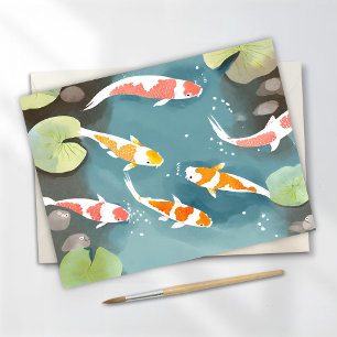 Cartão Postal Pintura em Aquarela de Lagoa de Koi   Linda Pintur